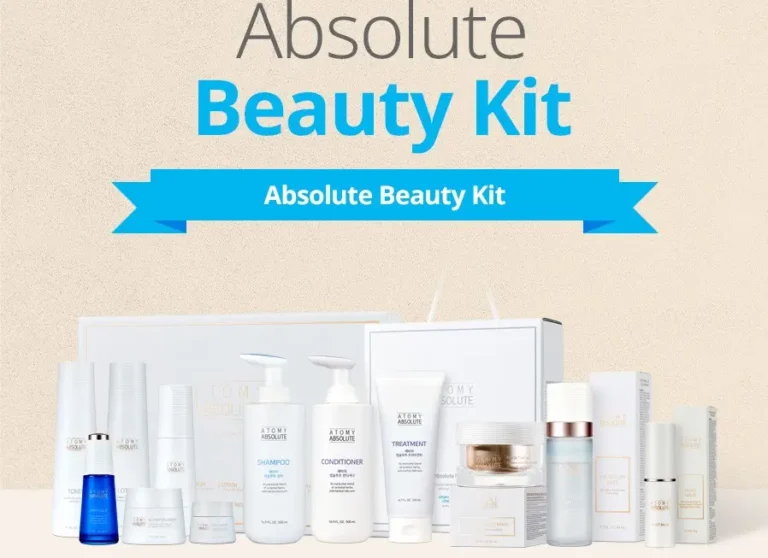 Avis Atomy sur une sélection de produits de soin K-Beauty (beauté coréenne) premium sur un fond texturé.